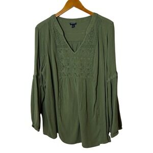Torrid Women Blouse 3 Olive Green Embroidered Gauze Boho Peasant Cottagecore